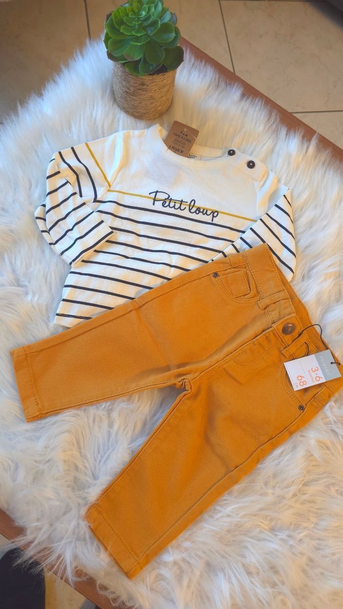 (Neufs non portés) 🏷🥰😍superbe ensemble teeshirt ml et jeans 6 mois garçon 😍🥰