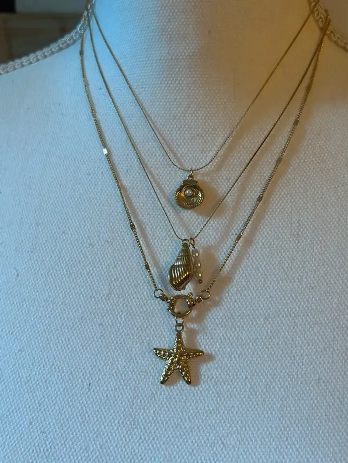 Set 3 colliers dorés pendentifs coquillage perle étoile de mer acier inoxydable – Neuf - photo numéro 6