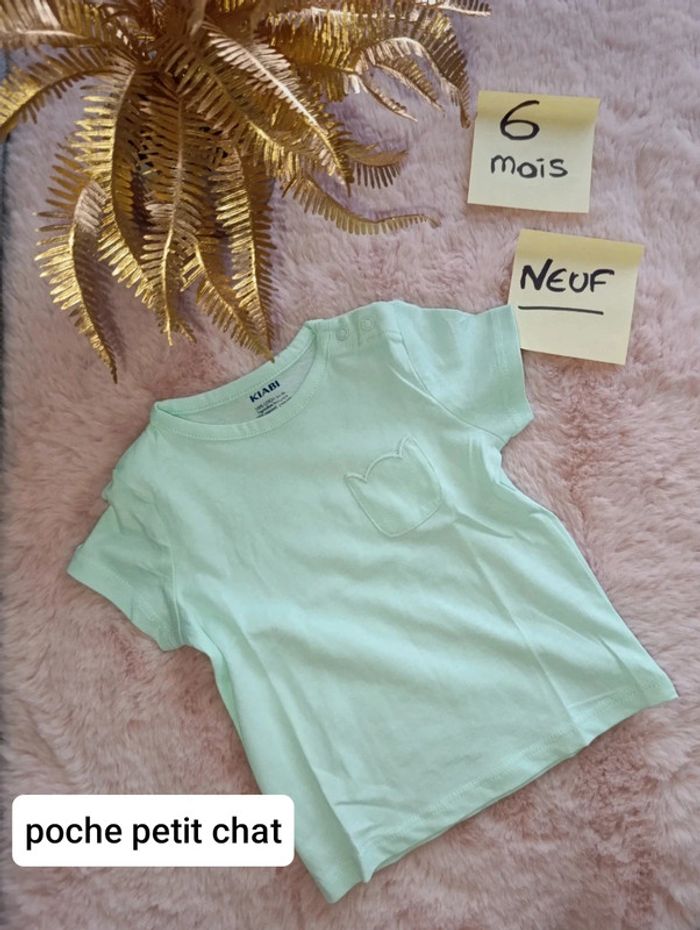 T shirt vert menthe, vert d'eau Kiabi, poche petit chat neuf