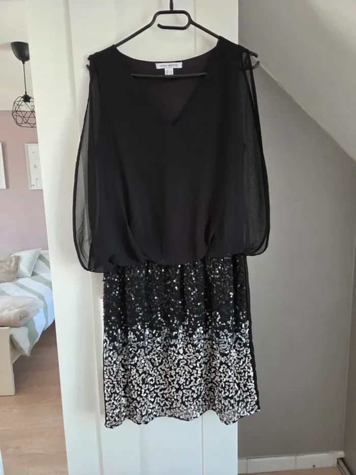 Petite robe noire de soirée a sequins vintage femme taille 38