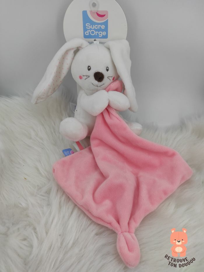 Doudou mouchoir lapin blanc rose Sucre d'Orge