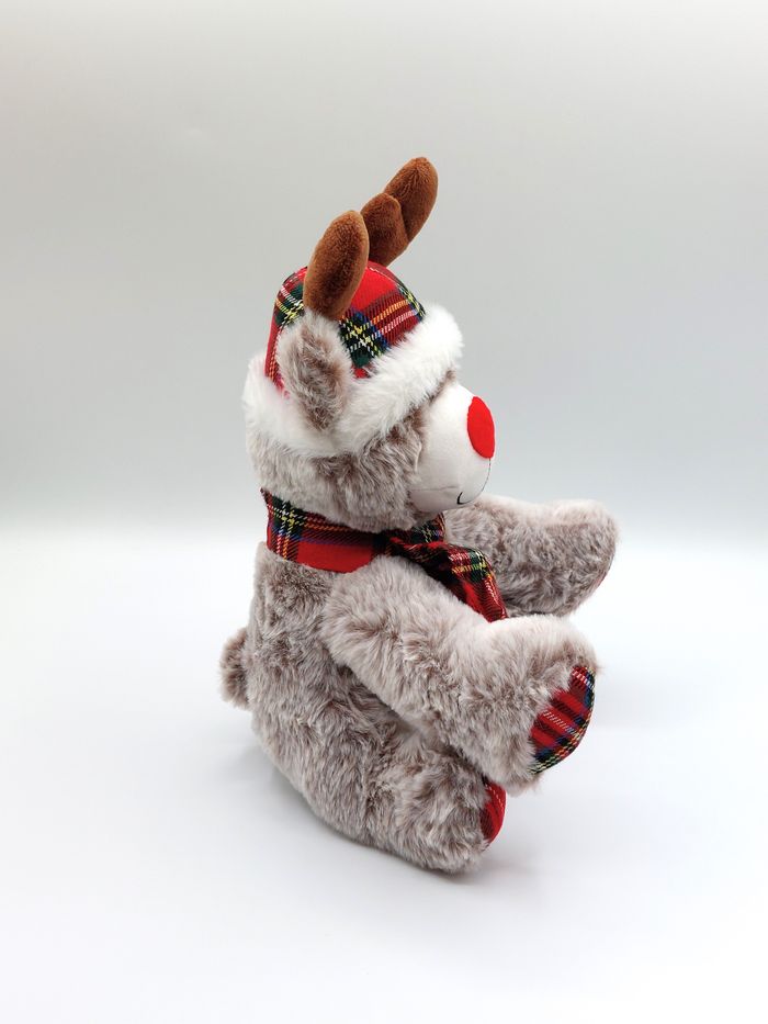 Peluche doudou renne marron chiné beige BLEU BONHEUR nez rouge bonnet carreaux - photo numéro 5