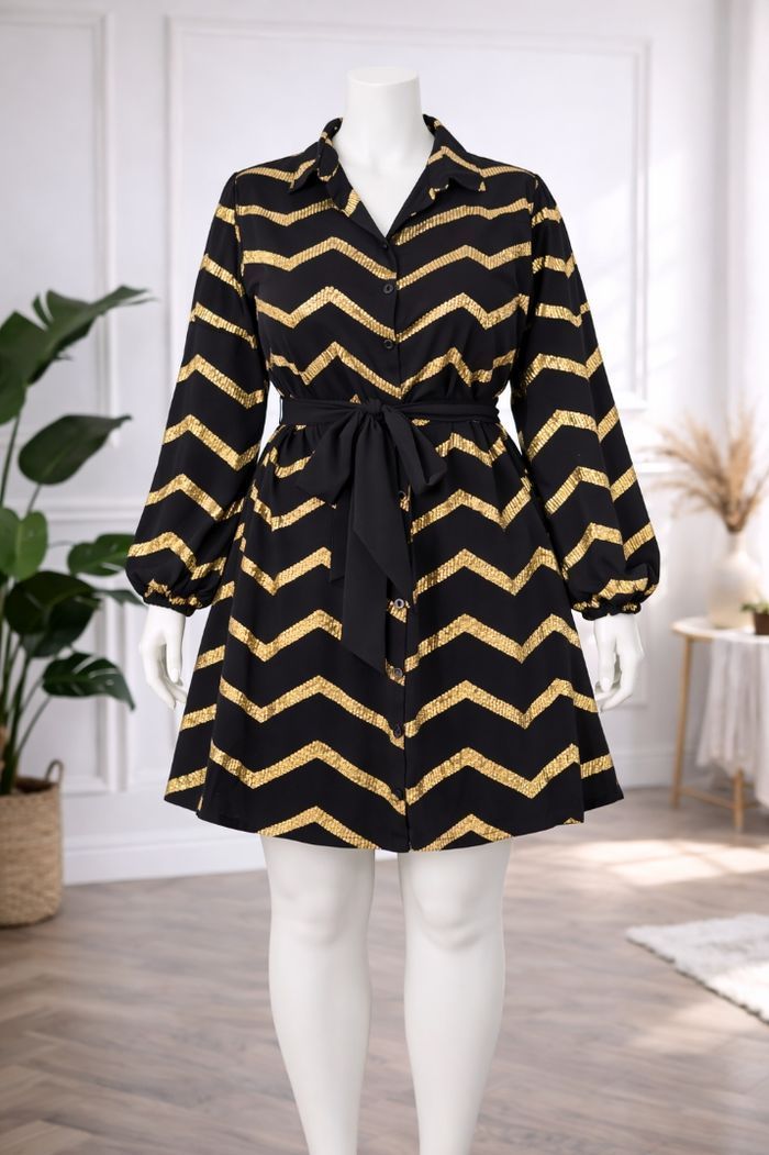 Robe chemise noire élégante à chevrons dorés Femme taille 54 marque Asos 💍 - photo numéro 5