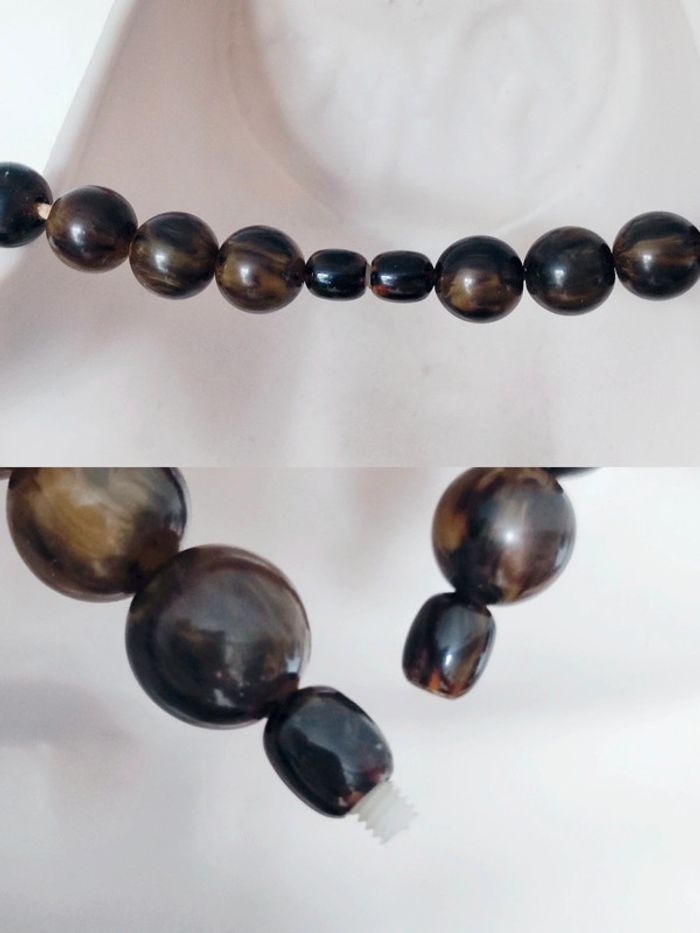 Collier ras de cou perle ronde bois vernis marron noir vintage / Fabrication artisanale - 42cm - photo numéro 3
