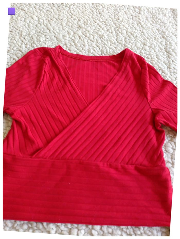 Haut croisé côtelé manches longues moderne pro ajusté stretch sexy rouge - photo numéro 2