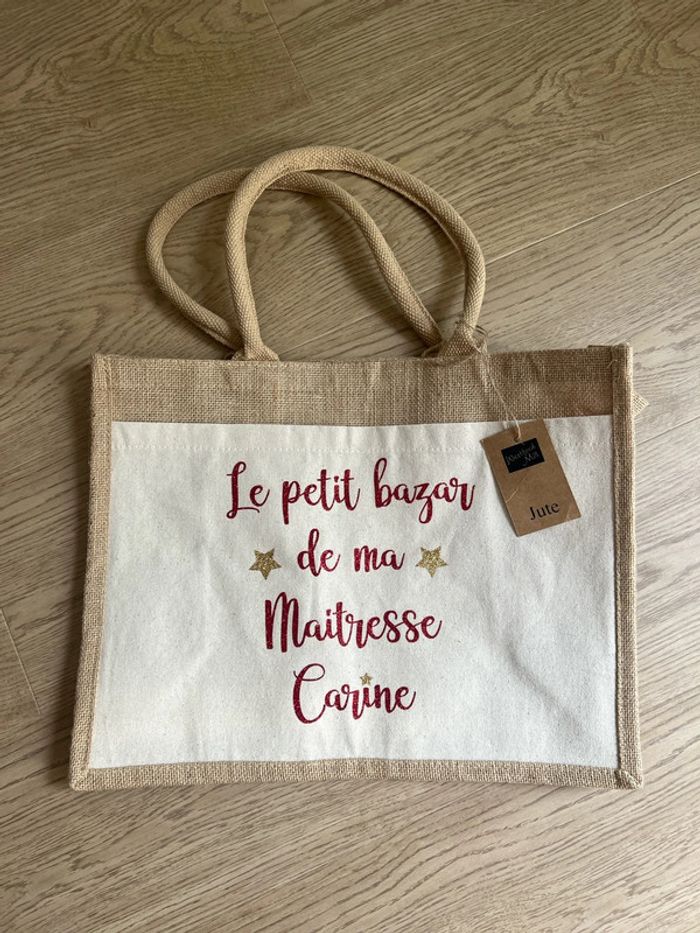 Vends sac cabas toile de jute personnalisé maîtresse Carine