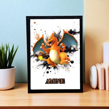Cadre noir personnalisé avec prénom au choix Dracaufeu Pokémon neuf sous emballage format 24x32cm