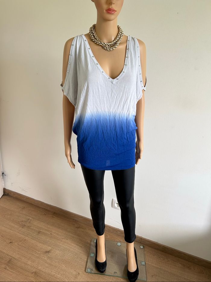 Haut gris et bleu Morgan taille S état satisfaisant (avec défaut) - photo numéro 3