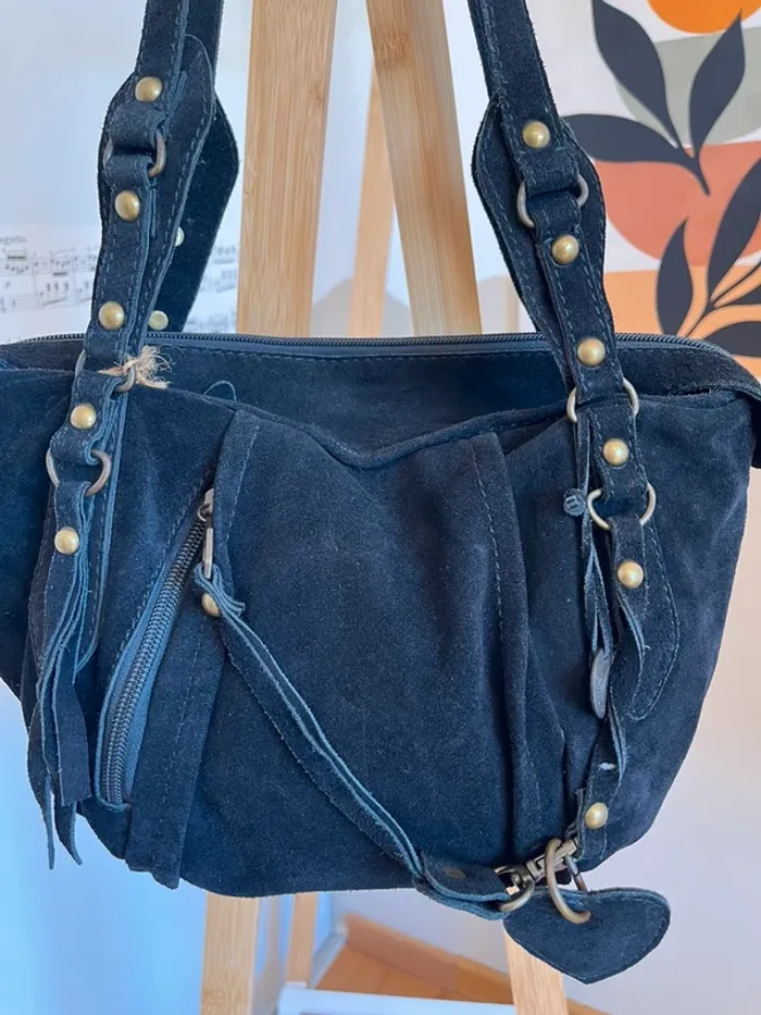 Sac vintage en daim noir marque Cuirs de la licorne état neuf [ref 2508SBl182] - photo numéro 3