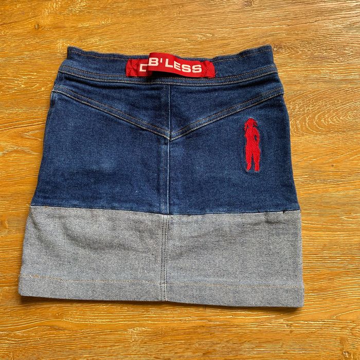 Jupe courte en jean bicolore avec logo Diab’less rouge taille S - photo numéro 2
