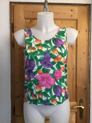 Débardeur imprimé multicolore Blanc vert rose violet,orange fleurs et fruits vintage 70s 100% coton