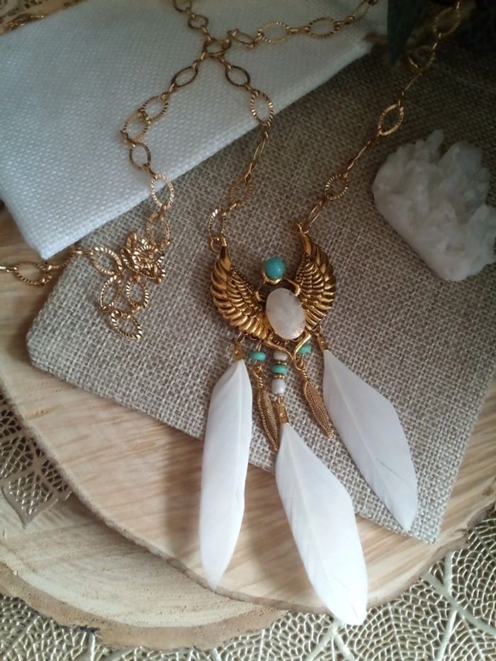 Collier sautoir scarabée pierres de lune et amazonite