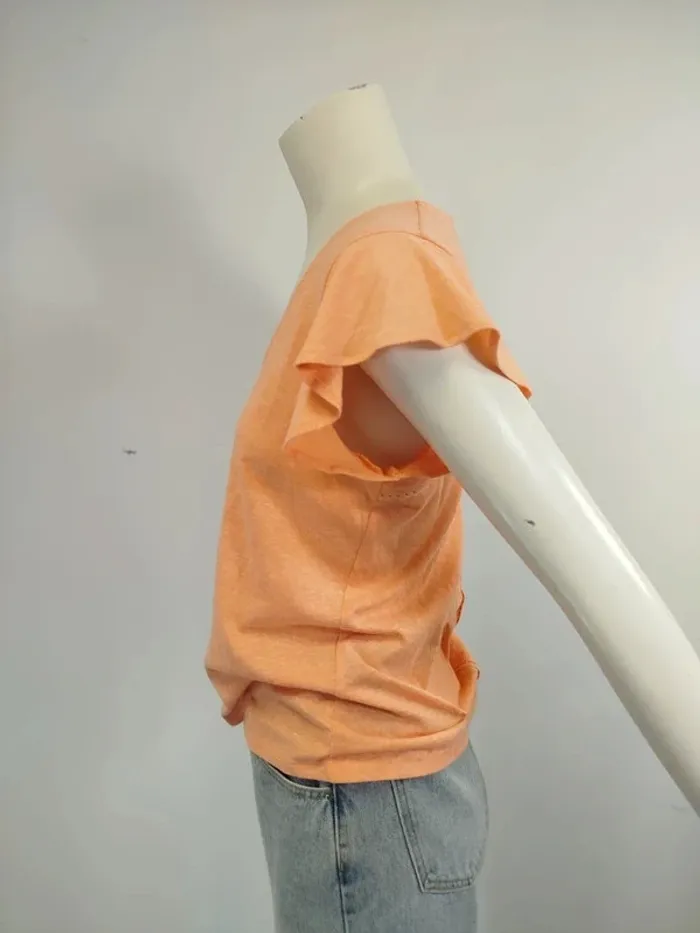 T-shirt corail fluide col V avec dos ajouré style bohème chic manches volantées femme M A967 - photo numéro 6