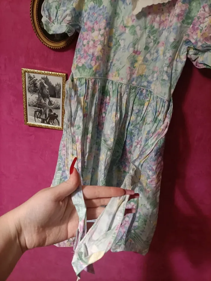 Robe fille manches courtes à fleurs pastel et col blanc vintage taille 12 ans made in France - photo numéro 4
