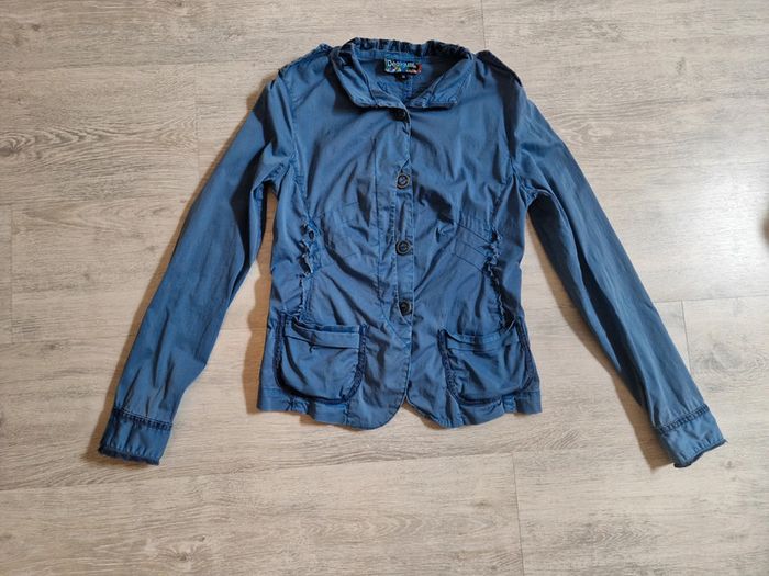 Veste courte bleue desigual indiquée taille 36 mais convient mieux à un 34
