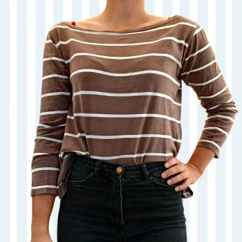 T-shirt manches 3/4 Rayé marron et blanc col bateau taille 38