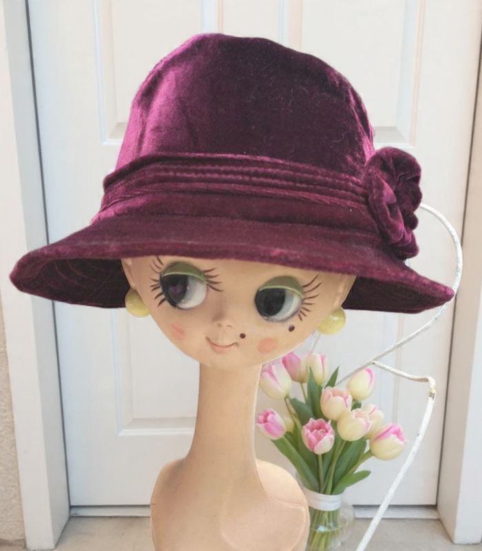 chapeau velours neuf femme taille unique bordeaux prune aubergine fleurs