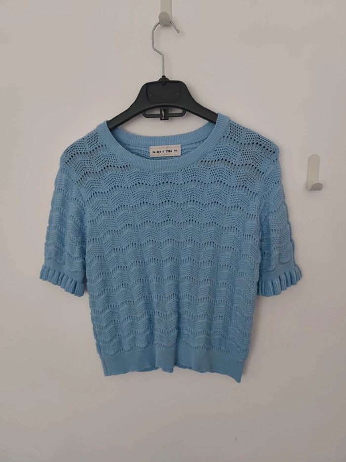 Top bleu pastel broderie manches courtes in april 1986