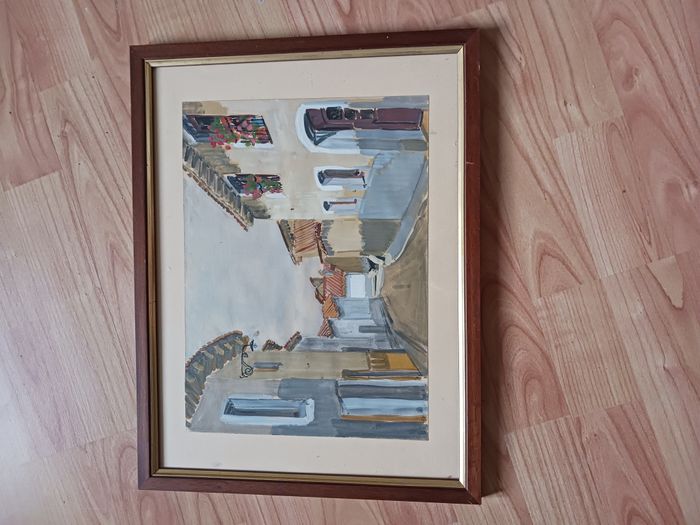 tableau cadre bois et doré peinture aquarelle 32,5 x 42,5 cm