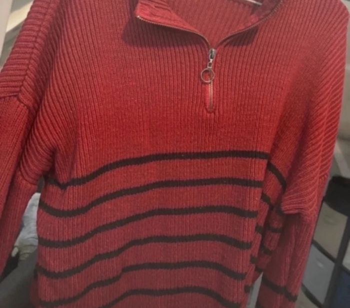 Pull à zip femme bordeau rayé taille L - photo numéro 2