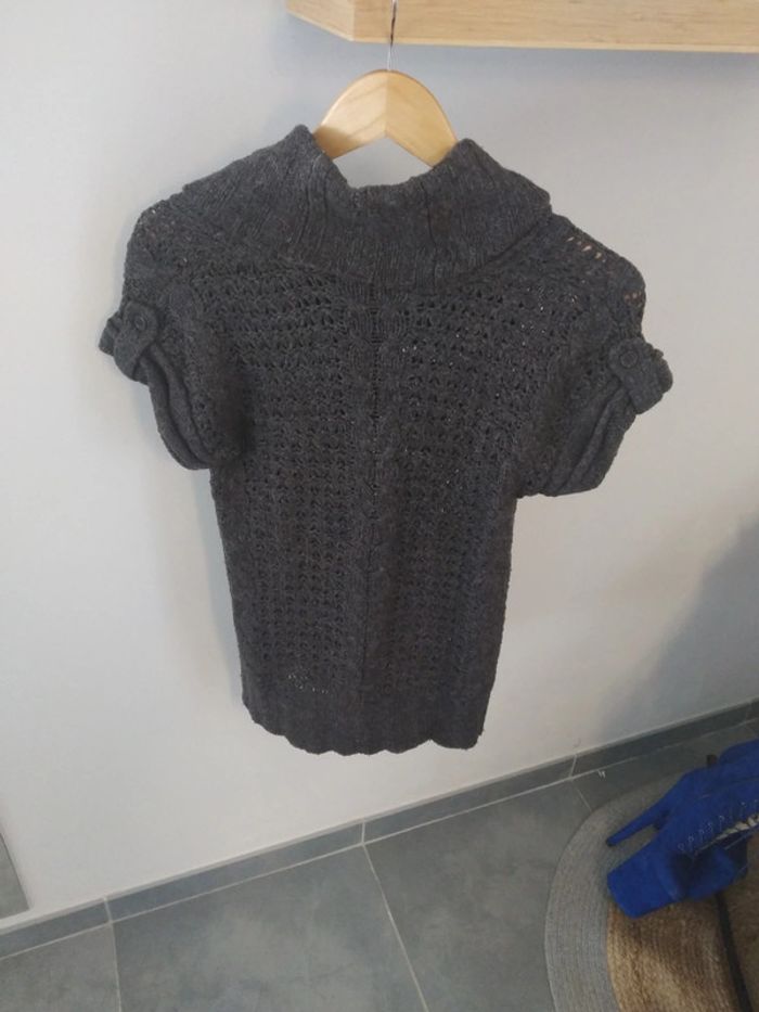 Pull gris anthracite manches courtes à revers col chale - photo numéro 3
