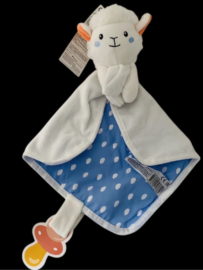 ❤️B3582 Doudou Mouton Agneau Mouchoir Blanc Bleu Extenso Attache Tétine AUCHAN