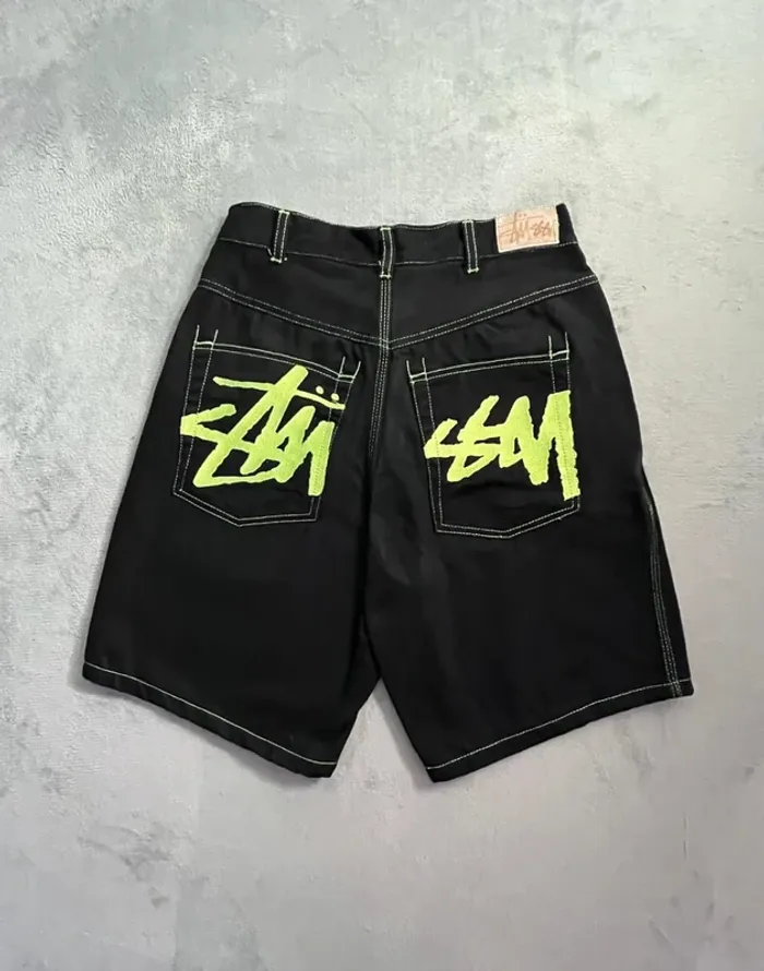 Short/Jort Stussy Black Embroidered Green Lime Big Logo Back – Taille M