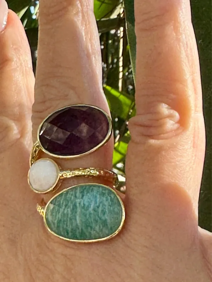 Grosse bague habaha Paris acier inoxydable or réglable pavés améthyste jade vert blanc - photo numéro 6