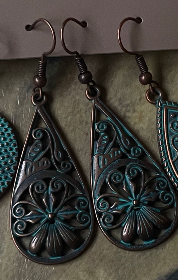 Boucles d’oreilles vintage – set de 3 paires – style ethnique turquoise & cuivre - photo numéro 2