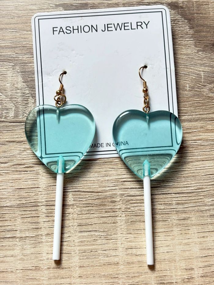 Boucles d’oreilles sucettes cœur bleu turquoise Shein