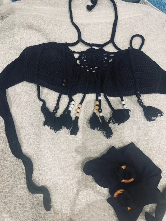 Haut de maillot de bain en tricot a franges avec perles - photo numéro 13