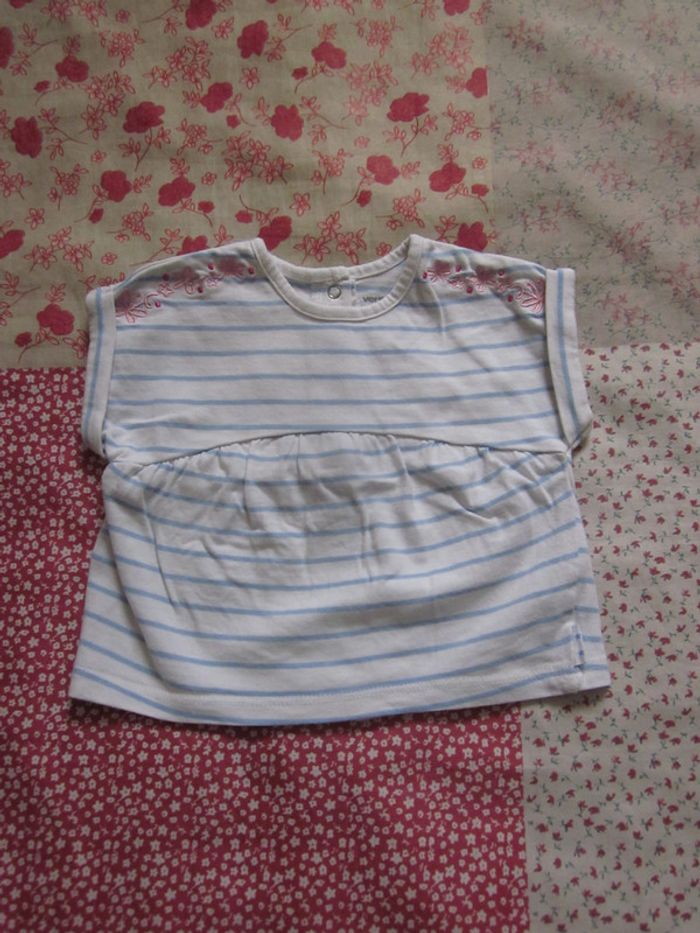 T-Shit manches courtes blanc rayé bleu 3 mois