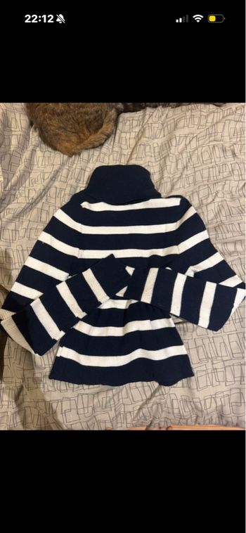 Pull crop top col roulé rayé bleu marine 