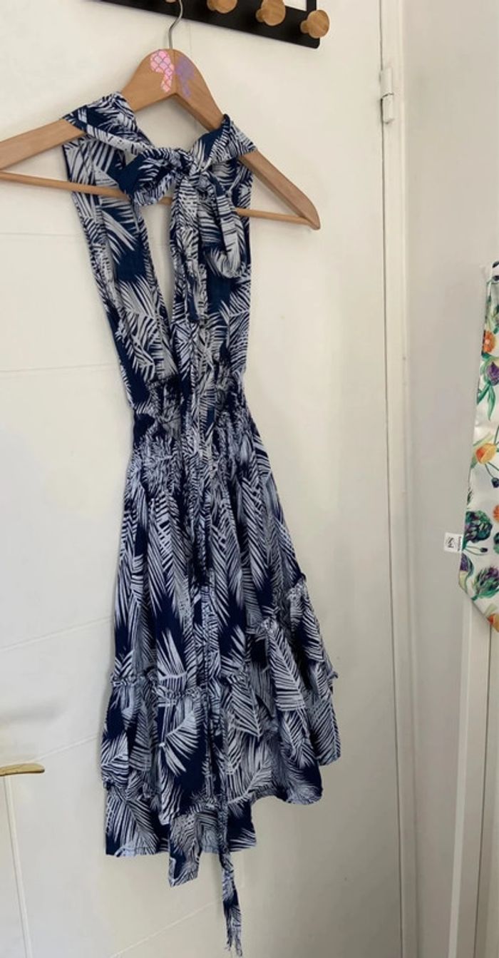 Robe à nouer multi-positions décolleté bleu à feuilles blanches Taille S - photo numéro 2