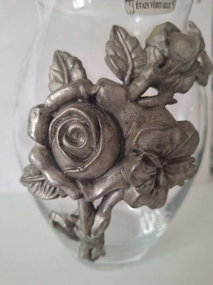 Vase en verre avec fleur en étain véritable - photo numéro 2