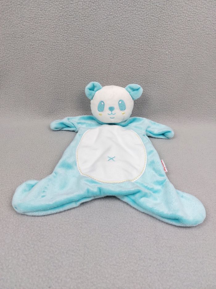 Doudou plat ours panda blanc bleu turquoise croix nombril BRIOCHE LA HALLE - photo numéro 3