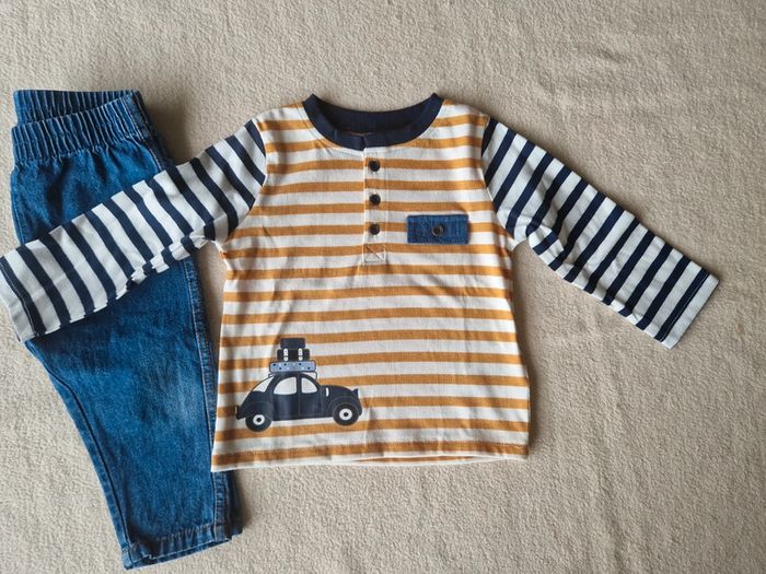 Ensemble neuf 12 mois jean et haut à rayures et motif - photo numéro 5