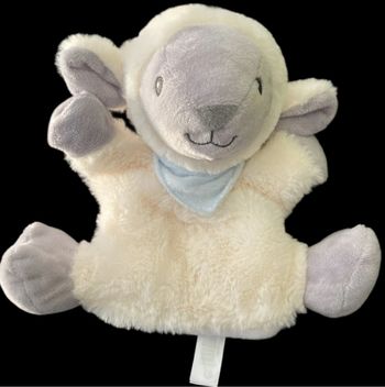 ❤️B2202 Doudou Marionnette Mouton Tex baby beige Gris fourrure bandana bleu