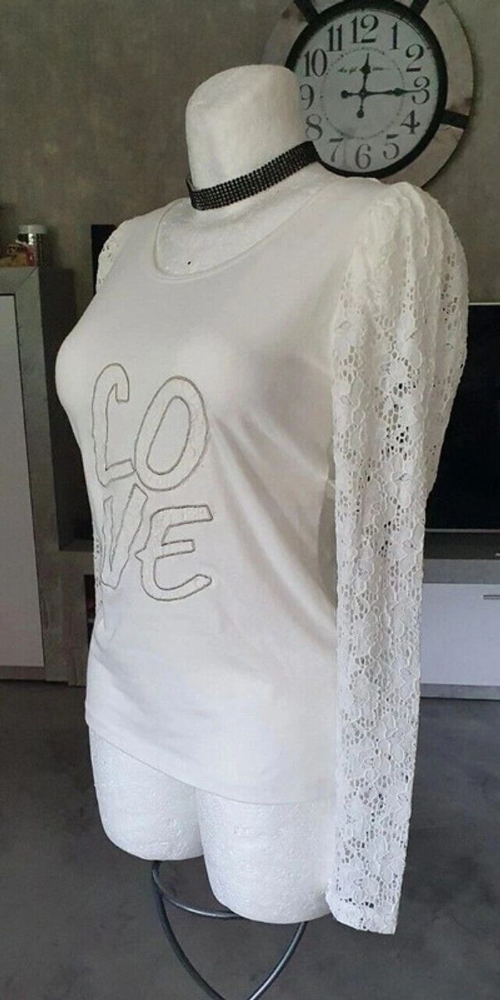 Beau T-shirt blanc manches dentelle T: 38/40 - photo numéro 7