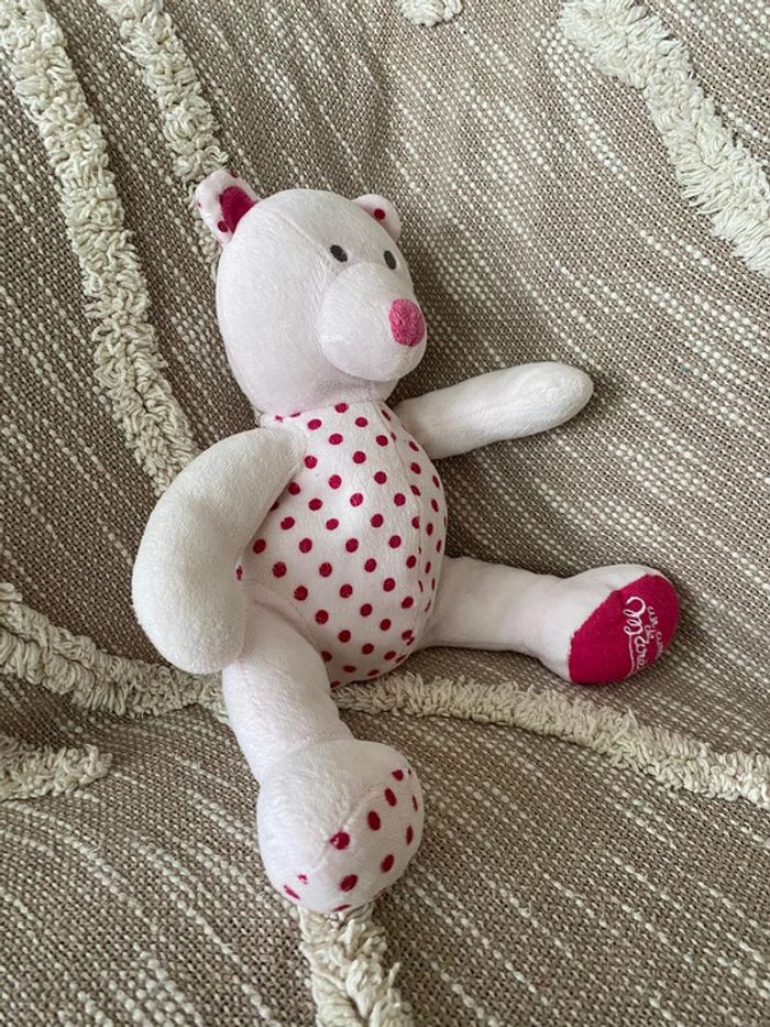 Peluche doudou 28cm marese ours blanc rose et violet à pois très bon état - photo numéro 3