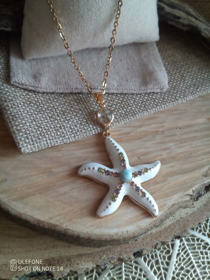 Collier bohème étoile de mer et pierre de larimar et cristal de roche - photo numéro 3