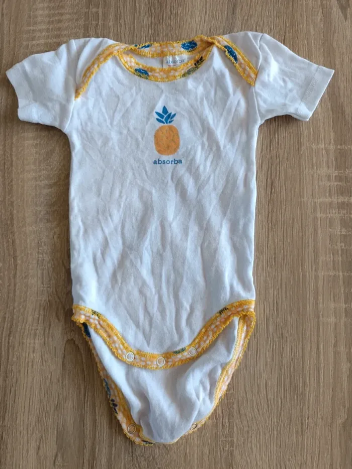 Lot 3 bodies manches courtes blanc bleu jaune ananas bébé 3 mois Absorba - photo numéro 2