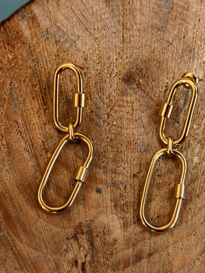 Boucles d’oreilles double mousqueton acier inoxydable or - photo numéro 2