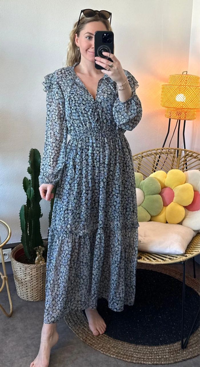 Robe longue bleu à motifs fleuris, modèle Renaza, taille 36 - Maje - photo numéro 3