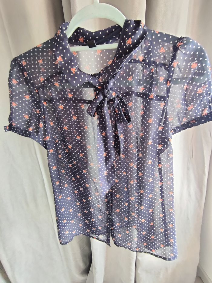 Chemisier blouse pois rétro marine fleurs Pimkie Taille 38