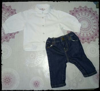 Ensemble chemise blanche en lin et jean's Numaé Paris T. 3 mois Neuf