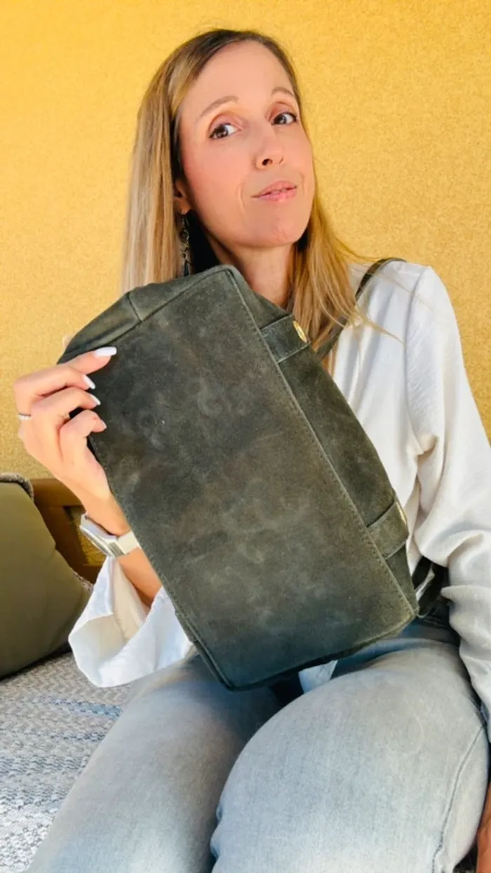 Grand sac cuir daim vert kaki œillets dorés + 1 bandoulière - photo numéro 10