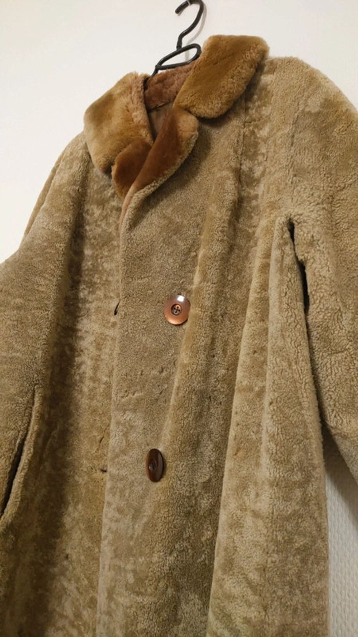 Beau manteau vintage en shearling montone peau de mouton retourné laine S M - photo numéro 5