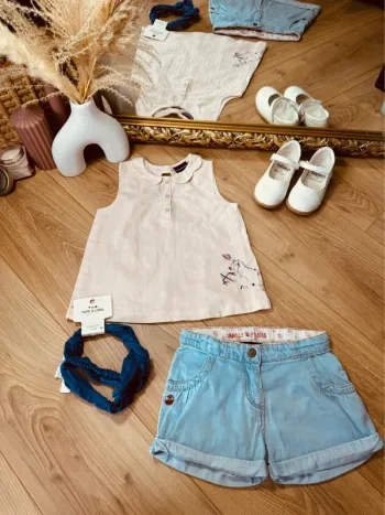 Taille 5 ans tenue 3 pièces fille Sergent Major TAO abricot bleu jean * rayures argentées * 🩷