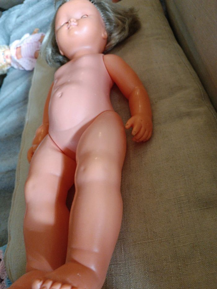 Poupée doll ancienne birgé blonde blond hair yeux eyes bleu blue robe dress tricot laine rose pink - photo numéro 11